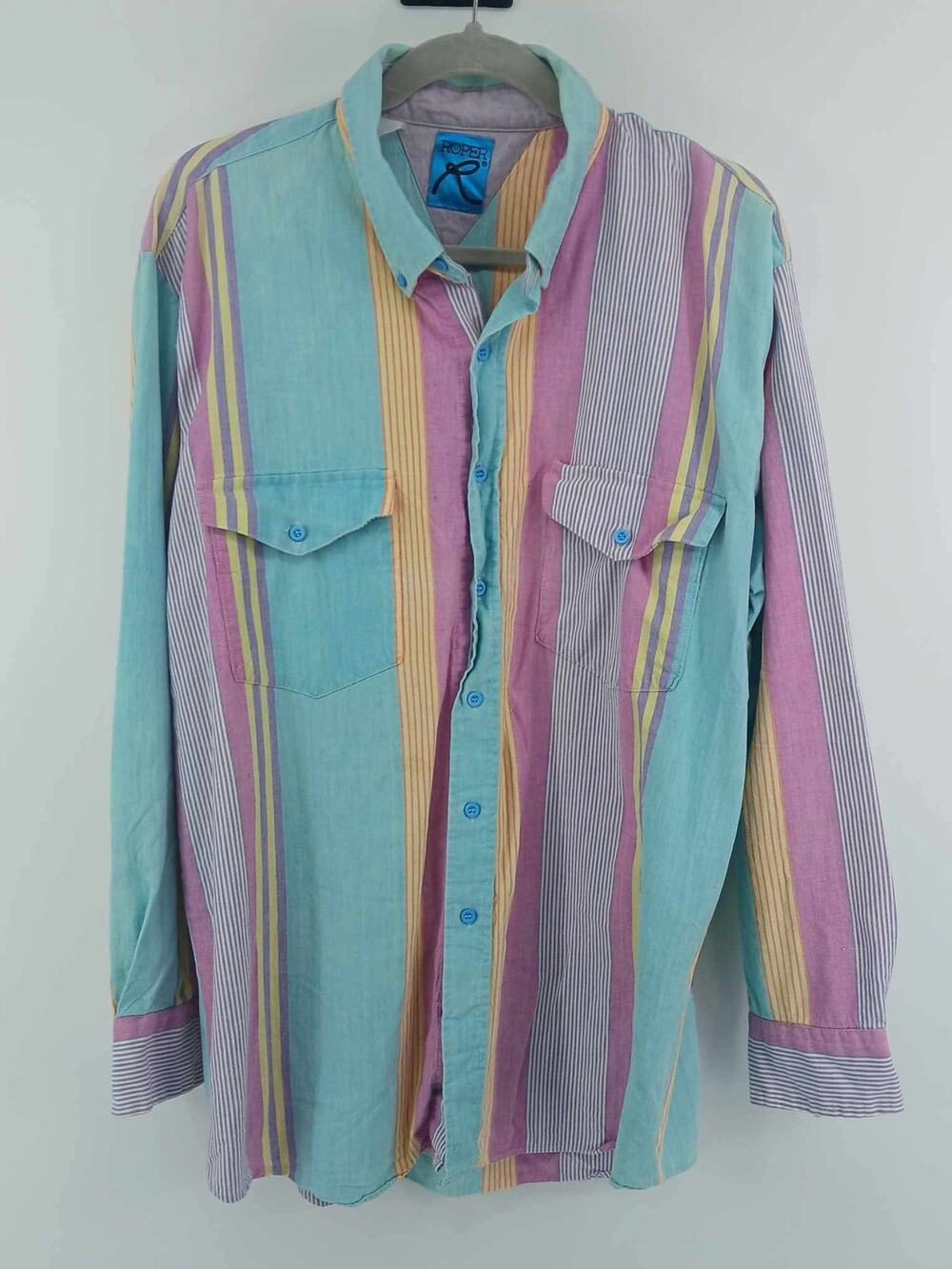 western shirt, Roper, vintage 1990s multicolor pastel striped brushpopper (L)